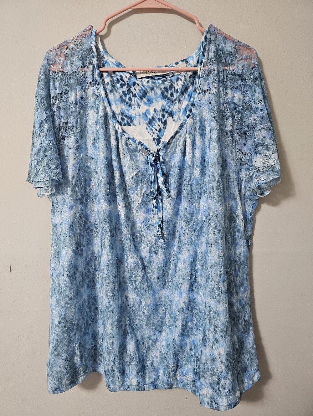 Sag Harbor Light Blue Floral Lace Tie-Neck Stretch Top